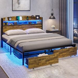 Queen Size Bed Frame with LED Light Headboard Modern Metal Platform Bed Frame