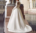 Elegant Wedding Dresses Neck Lace Appliques Satin Bridal Gown Sweep Train