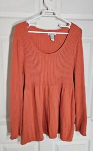 Jessica London Size L 18/20 Orange Babydoll Peplum Ribbed Long Sleeve Sweater