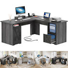 60 Inch L Shaped Desk with Power Outlets Corner Computer Desk with File Drawer