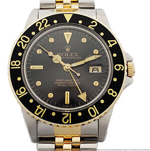 Rolex GMT Master 16753 18k Gold SS Black Dial Vintage Mens Wrist Watch