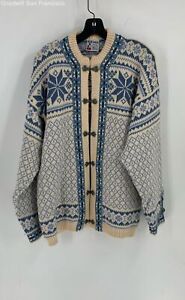 Voss Womens Blue Ivory Fair Isle Wool Norway Long Sleeve Cardigan Sweater Large