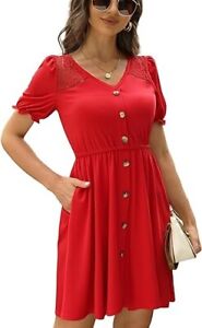 MISSKY Women's Button Down Short Sleeve V Neck Mini Dress, Red, XL