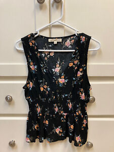 Women's Small Rewind Sleeveless Black Floral Babydoll Blouse Top