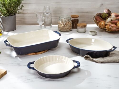 STAUB Ceramic 2-pc Mixed Baking Dish Set Casserole Dish Pie Dish Pan France New