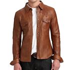 Men's Genuine Lambskin Leather Jacket Slim Fit DISTRESSED BROWN Biker Shirt