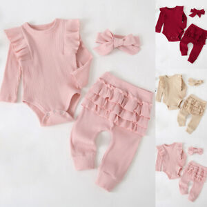 Newborn Baby Girl Ribbed Ruffle Outfit Romper Jumpsuit Pant Headband Clothes Set