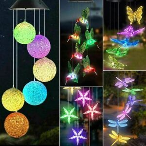LED Color Changing Solar Wind Chimes Lights Hanging Hummingbird Ball Garden Lamp