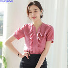 Korean Women Ruffle V-neck Summer Chiffon Casual Career Soft Blouse Tops T-shirt