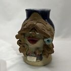 UGLY FACE Signed Pottery Stoneware Blue Office Lady Typing