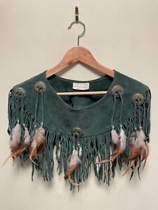 Vintage Wool-N-Hide Women Poncho Size Small Green Leather Concho Fringe Western