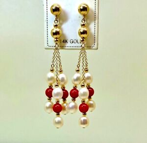 Nice 14k solid yellow gold 4mm round natural Pearls & Red Corals stud earrings