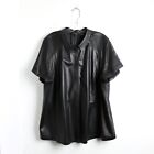 LAFAYETTE 148 INGRID Black leather short sleeve blouse perforated 3X gothic plus