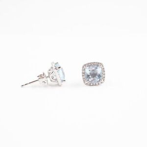 14K White Gold Cushion Studs With Natural Sky Blue Topaz & Diamonds (1/8 CTW)