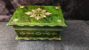 Vintage Elven Green And Gold Musical Jewelry Box Wooden With Fabric Interior