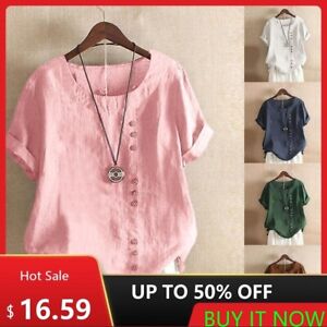 Women Short Sleeve Solid Tops Ladies Cotton Linen Casual Shirt Loose Blouse Tees