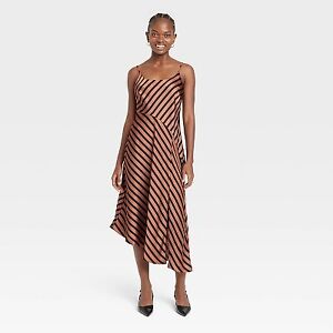 Women's Midi Slip Dress - A New Day Brown Striped M