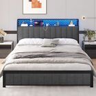 Queen LED Bed Frame with Storage Headboard, Modern Upholstered Platform Bed