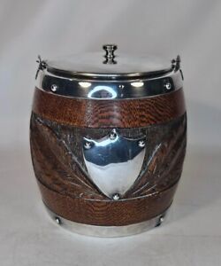 Biscuit Jar Wooden Antique with Metal Fittings Hand Carved