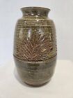 Studio Pottery - Small Vase  - Green Brown Glaze With Leaf Design - Signed