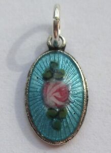 SMALL VINTAGE STERLING SILVER BLUE GUILLOCHE ENAMEL PINK ROSE CHARM ART DECO