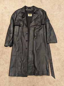 Vintage MensPhase 2 Full Length Black Leather Trench Coat Large Tall with Belt