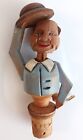ANRI Man Tipping his Brown Hat Bottle Stopper Wood Puppet Vintage Mechanical