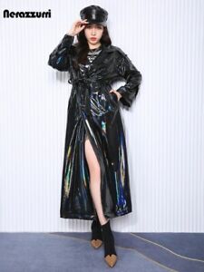 Extra Long Black Holographic Reflective Stretchy Soft PVC Leather Trench Coat