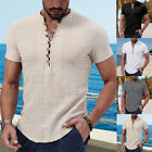 Mens Casual Short Sleeve Loose Blouse Cotton Linen Shirt Button Down Shirts Tops