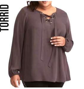 Torrid Top Womens 3X Gray Textured Lace Up Blouse Long Sleeve Shirt