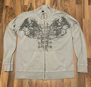 Vintage Y2K Angels Skull & Wings Affliction Style Jacket Grey Men’s L Grunge