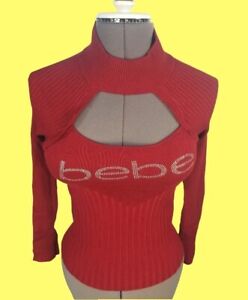 Bebe Small Red Logo Long Sleeve Rhinestone Cold Cutout  Sleeve Causal Blouse