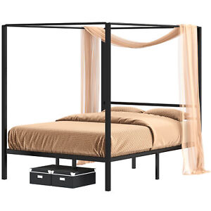 TAUS Queen Size Metal Canopy Bed Frame w/Headboard Platform Mattress Foundation