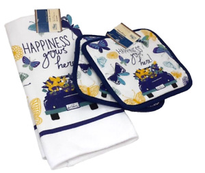 Home Collection 'Happiness Grows Here' Kitchen Tea Towel and Pot Holders 3pc Set