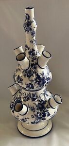 Vintage  Blue & White Ceramic Tulip 2 Tier Tulipeier Vase Made in Italy EXC!