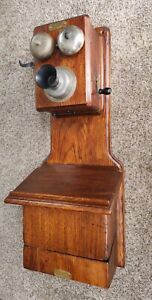 Antique Sioux City Electrical Company Wall Mount Wooden Box Hand Crank Telephone