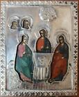 Antique Russian Orthodox Icon Holy Trinity w/Silver 84 Mark Riza/Oklad c.1800s