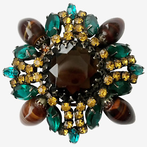 50% OFF! Faux Emeralds Tiger-Striped Glass Maltese Cross Brooch, Schreiner-Style