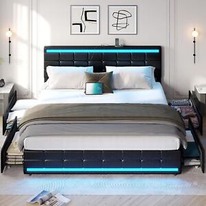 King Size Platform Bed Frame with LED Lights & Storage Drawers Grey,Black,White