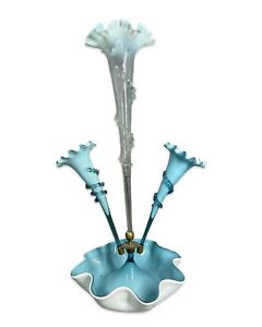 Antique VICTORIAN / ART NOUVEAU Style ART GLASS BLUE & WHITE Flower EPERGNE Vase