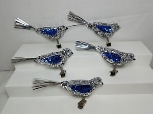Lot of 5 Vtg Christmas Clip On Bird Ornaments Sequin Tinsel Blue Silver 6