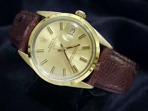 Rolex Date 1550 Men 14K Gold Shell Watch Brown Leather Strap Champagne Dial 34mm
