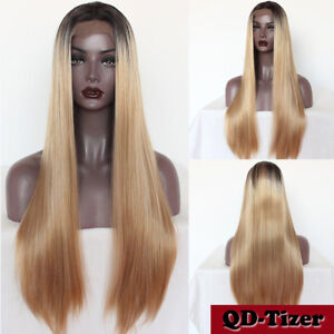 Ombre Blonde Lace Front Wig Synthetic Wigs Long Silky Straight Heat Resistant 24