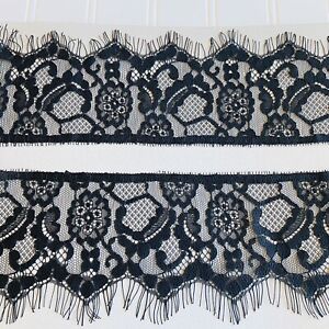 3 Yards Black Floral Eyelash French Lace Trim for Sewing/Bridal/Crafts/3.5