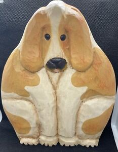 James Haddon Hand Carved Wooden Dog Hand Painted Folk Art - Beige & Off White