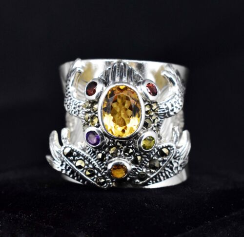 14Gm Natural Sapphire & Amethyst Frog Shape 925 Sterling Silver Adjustable Ring