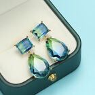 Square Teardrop Blue Bi-Colored Toumaline Gemstone Silver Hook Stud Earrings