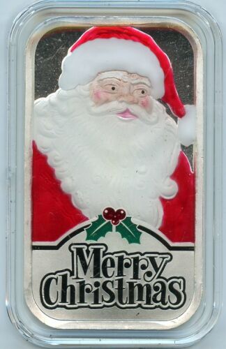 2021 Christmas Santa Claus 1OZ .999 Fine Silver Art Bar Enameled with Gift Box