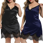 Plus Size Women Satin Chemise Babydoll Lace Trim Lingerie Full Slips Nightgown