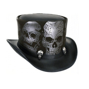 Skull Western Cowboy Leather Top Hat ,Steampunk Top Hat,Gothic Top hat Biker MC